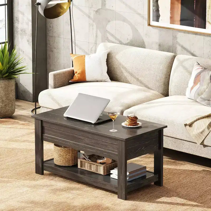 Table basse élévatrice de 99 cm avec compartiment caché et étagère de rangement