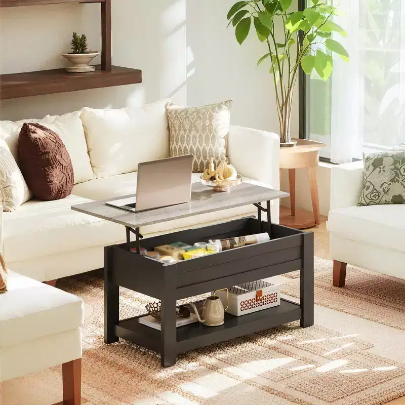 Table basse élévatrice de 99 cm avec compartiment caché et étagère de rangement