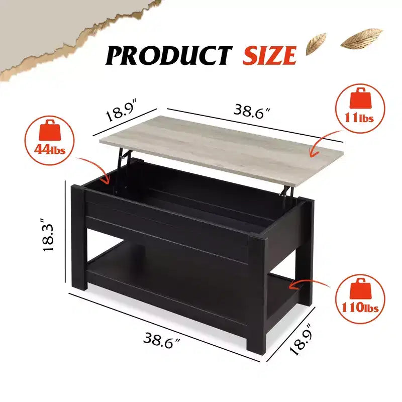 Table basse élévatrice de 99 cm avec compartiment caché et étagère de rangement