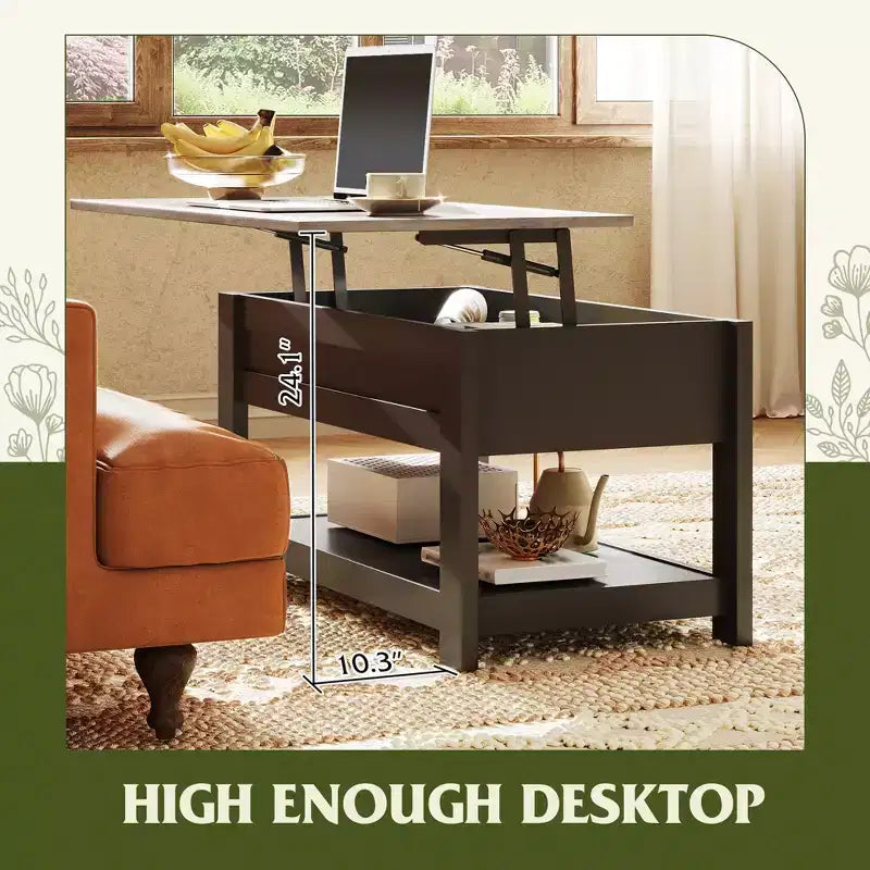 Table basse élévatrice de 99 cm avec compartiment caché et étagère de rangement