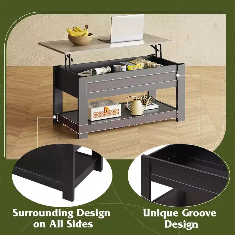Table basse élévatrice de 99 cm avec compartiment caché et étagère de rangement