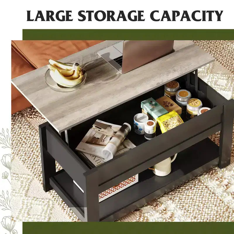 Table basse élévatrice de 99 cm avec compartiment caché et étagère de rangement