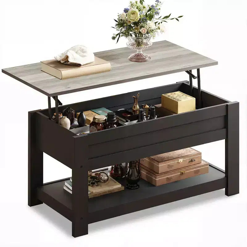 Table basse élévatrice de 99 cm avec compartiment caché et étagère de rangement