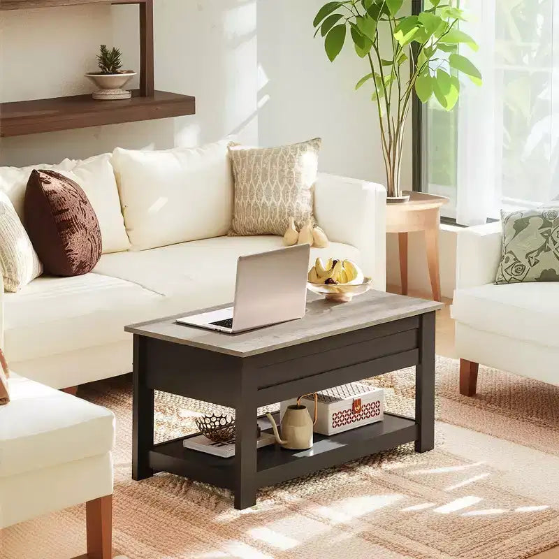 Table basse élévatrice de 99 cm avec compartiment caché et étagère de rangement