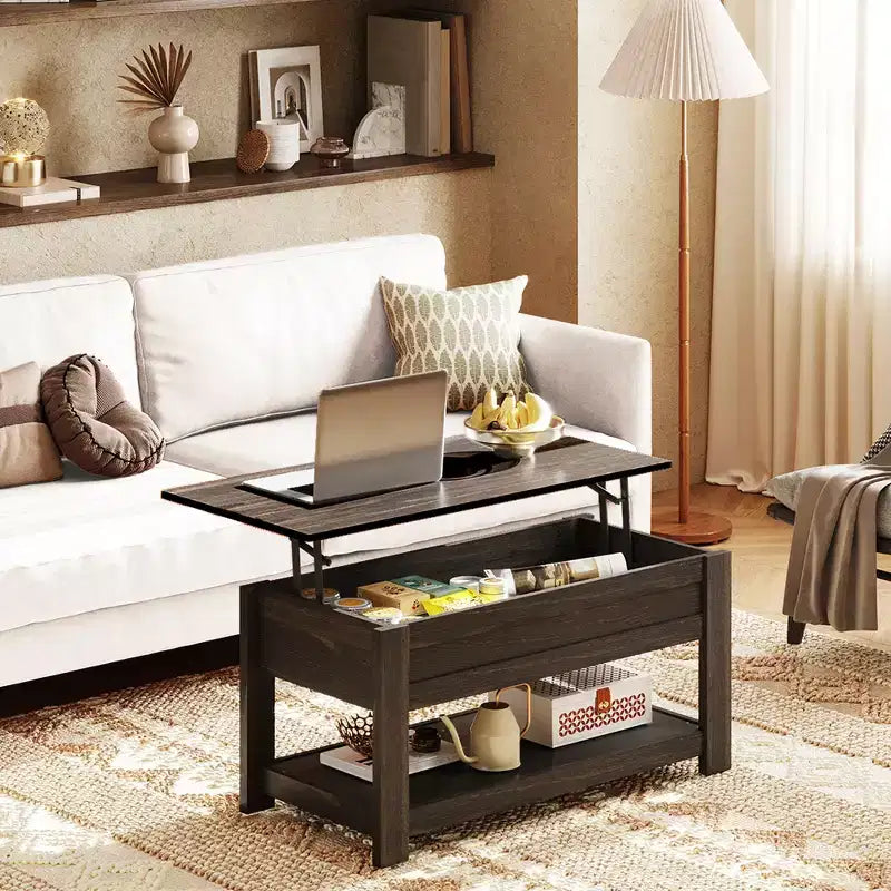 Table basse élévatrice de 99 cm avec compartiment caché et étagère de rangement