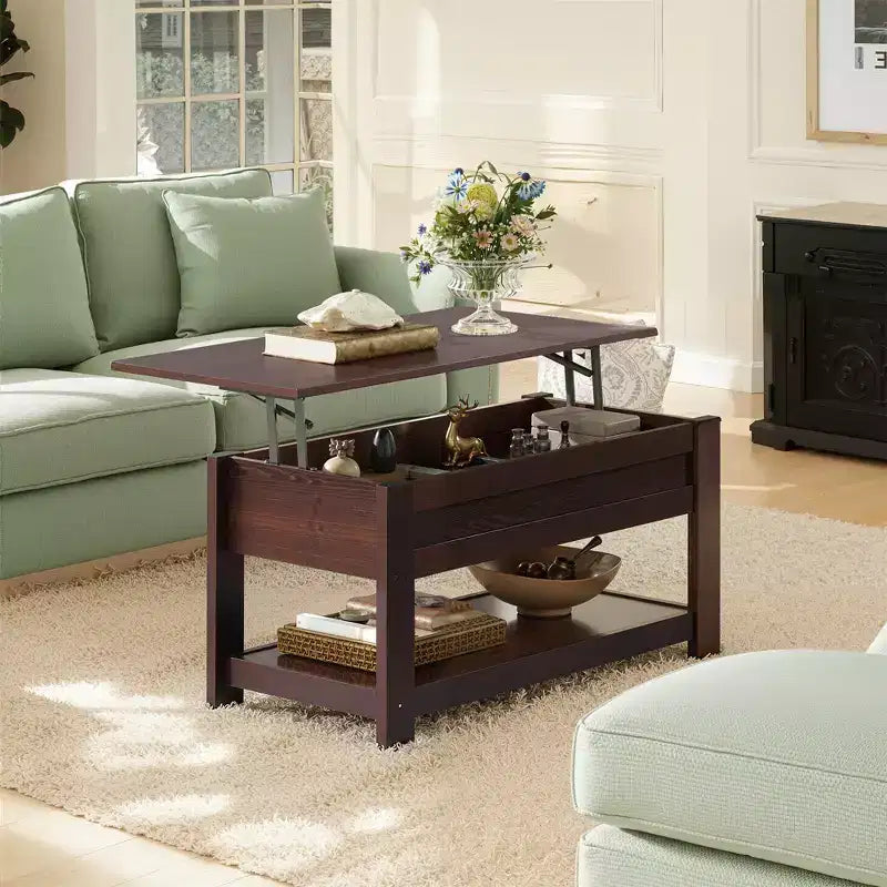 Table basse élévatrice de 99 cm avec compartiment caché et étagère de rangement