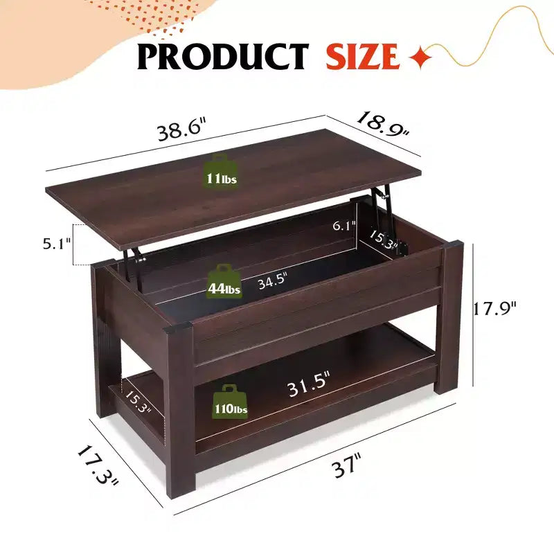Table basse élévatrice de 99 cm avec compartiment caché et étagère de rangement