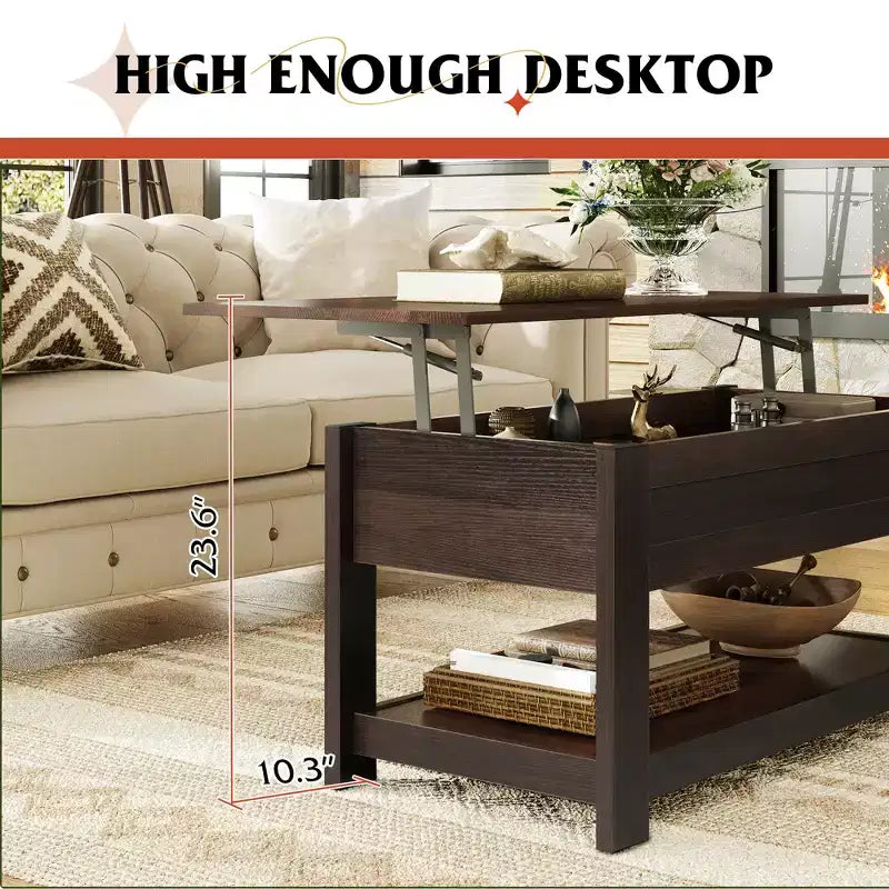 Table basse élévatrice de 99 cm avec compartiment caché et étagère de rangement