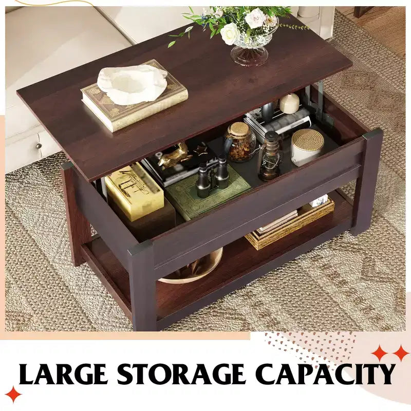 Table basse élévatrice de 99 cm avec compartiment caché et étagère de rangement