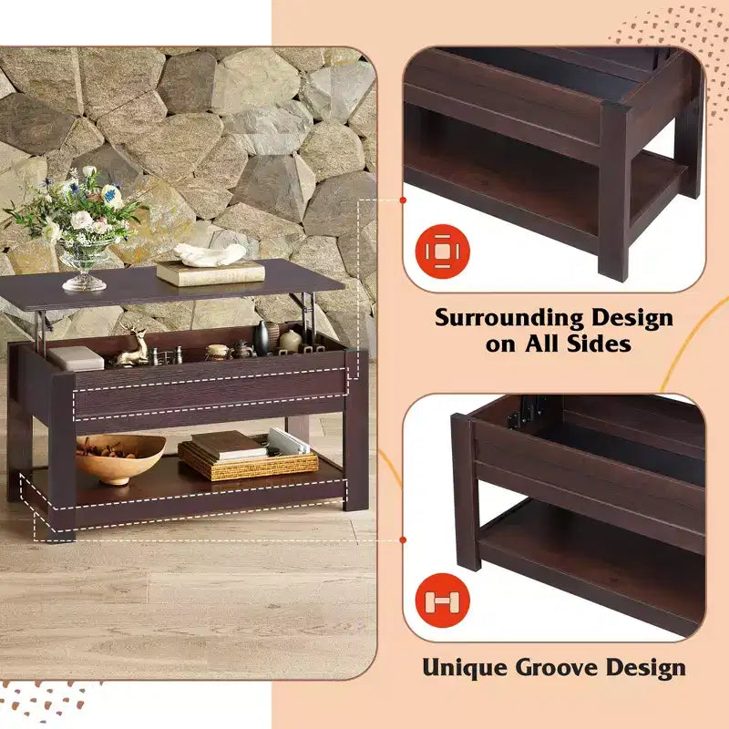 Table basse élévatrice de 99 cm avec compartiment caché et étagère de rangement