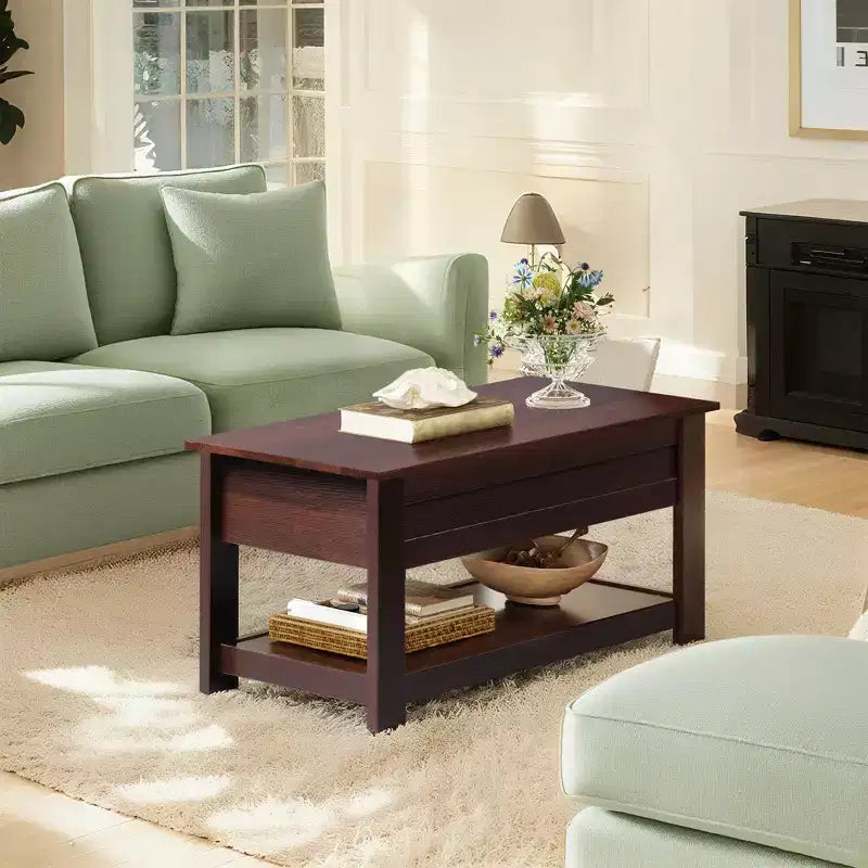Table basse élévatrice de 99 cm avec compartiment caché et étagère de rangement