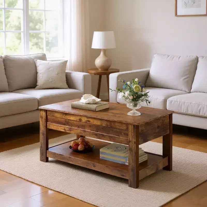 Table basse élévatrice de 99 cm avec compartiment caché et étagère de rangement