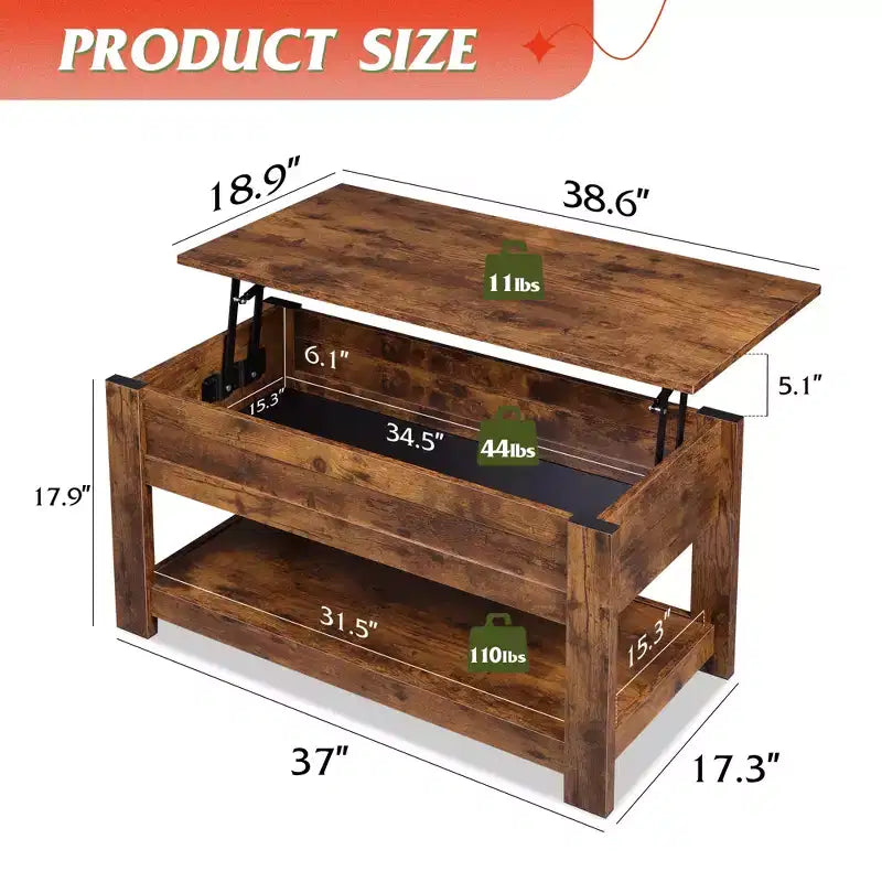 Table basse élévatrice de 99 cm avec compartiment caché et étagère de rangement