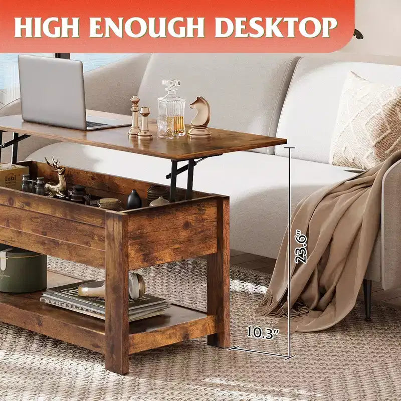 Table basse élévatrice de 99 cm avec compartiment caché et étagère de rangement