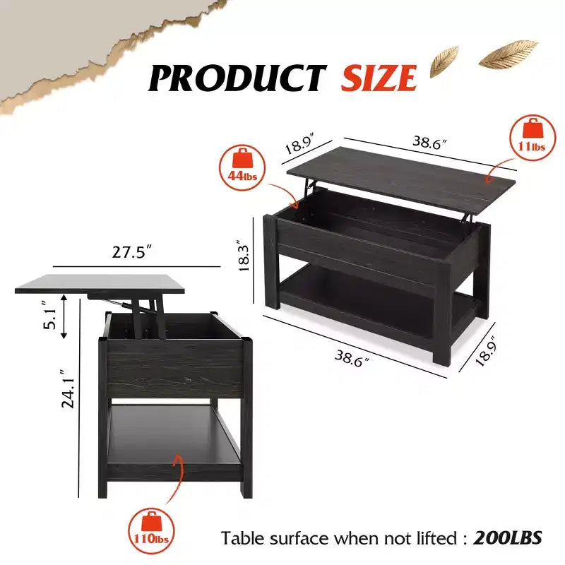 Table basse élévatrice de 99 cm avec compartiment caché et étagère de rangement