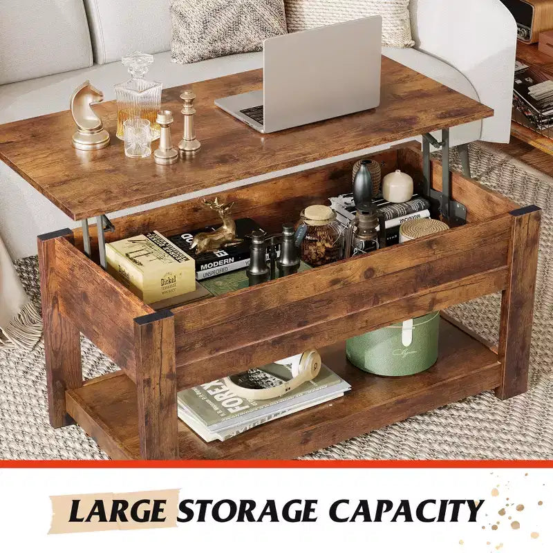 Table basse élévatrice de 99 cm avec compartiment caché et étagère de rangement