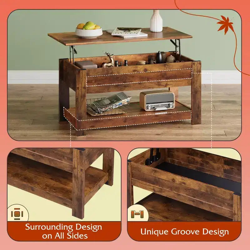 Table basse élévatrice de 99 cm avec compartiment caché et étagère de rangement