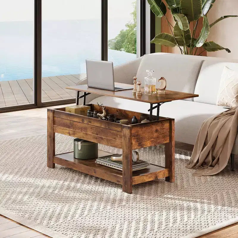 Table basse élévatrice de 99 cm avec compartiment caché et étagère de rangement