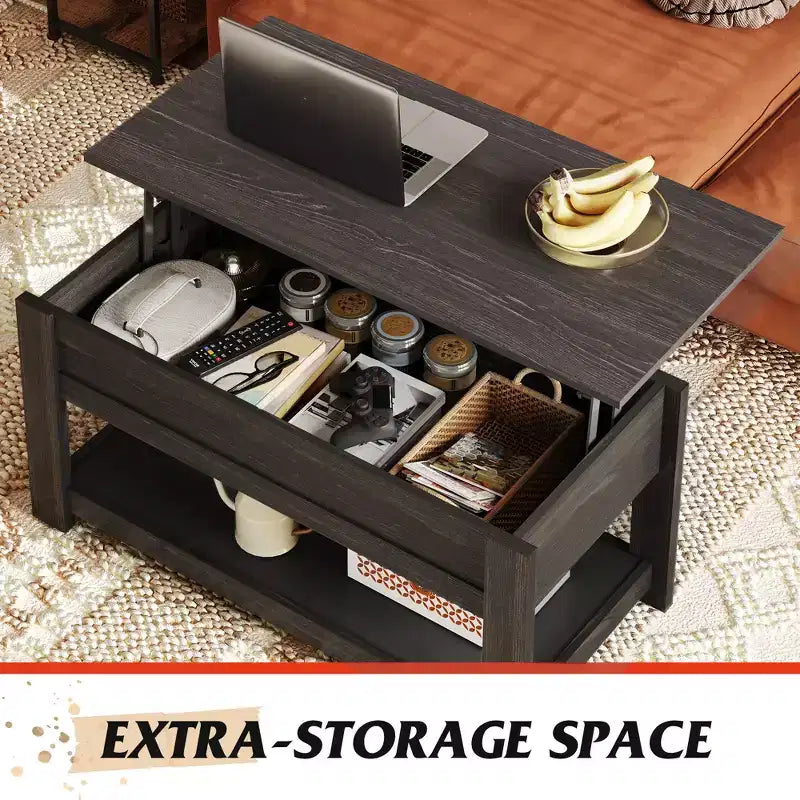 Table basse élévatrice de 99 cm avec compartiment caché et étagère de rangement