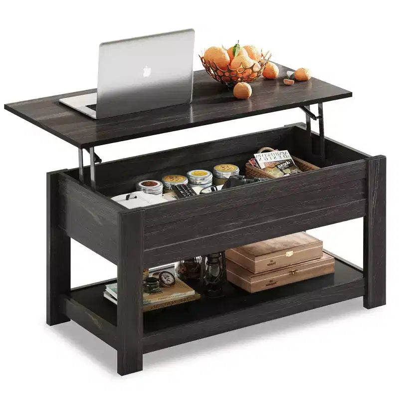 Table basse élévatrice de 99 cm avec compartiment caché et étagère de rangement