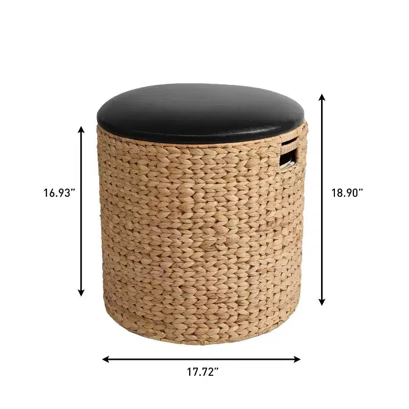 Pouffe de rangement moderne côtier tressé à la main en jacinthe d'eau de 45 cm avec couvercle