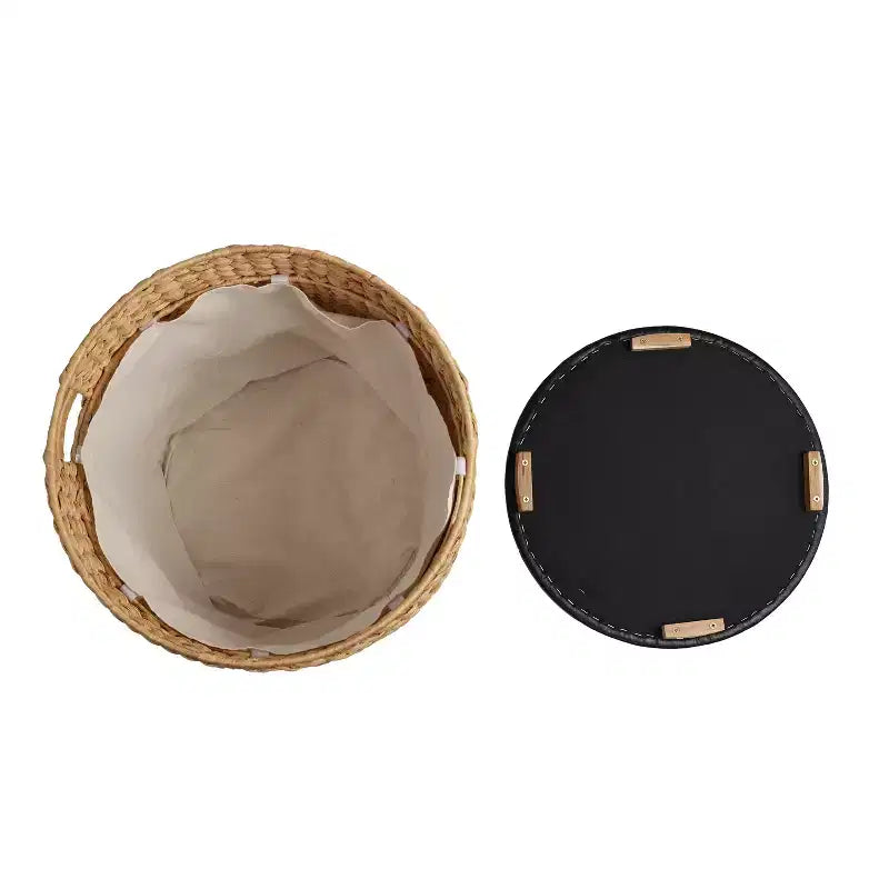 Pouffe de rangement moderne côtier tressé à la main en jacinthe d'eau de 45 cm avec couvercle