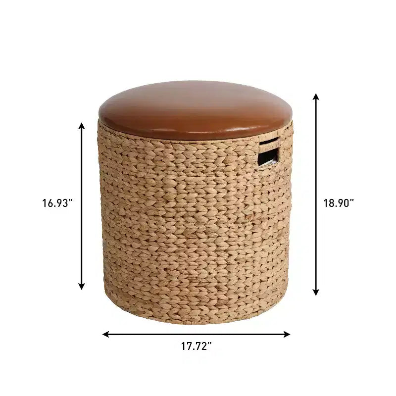 Pouffe de rangement moderne côtier tressé à la main en jacinthe d'eau de 45 cm avec couvercle