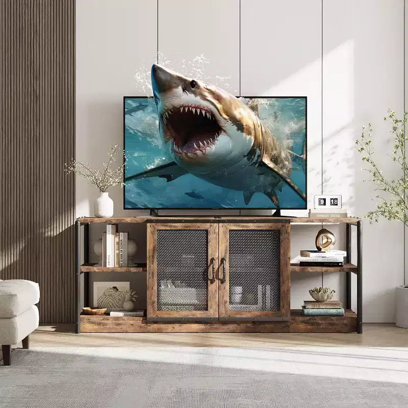 Meuble TV de ferme de 63 po - Console média rustique avec portes grillagées pour téléviseurs jusqu'à 75 po
