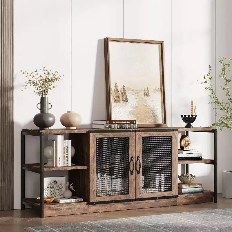 Meuble TV de ferme de 63 po - Console média rustique avec portes grillagées pour téléviseurs jusqu'à 75 po