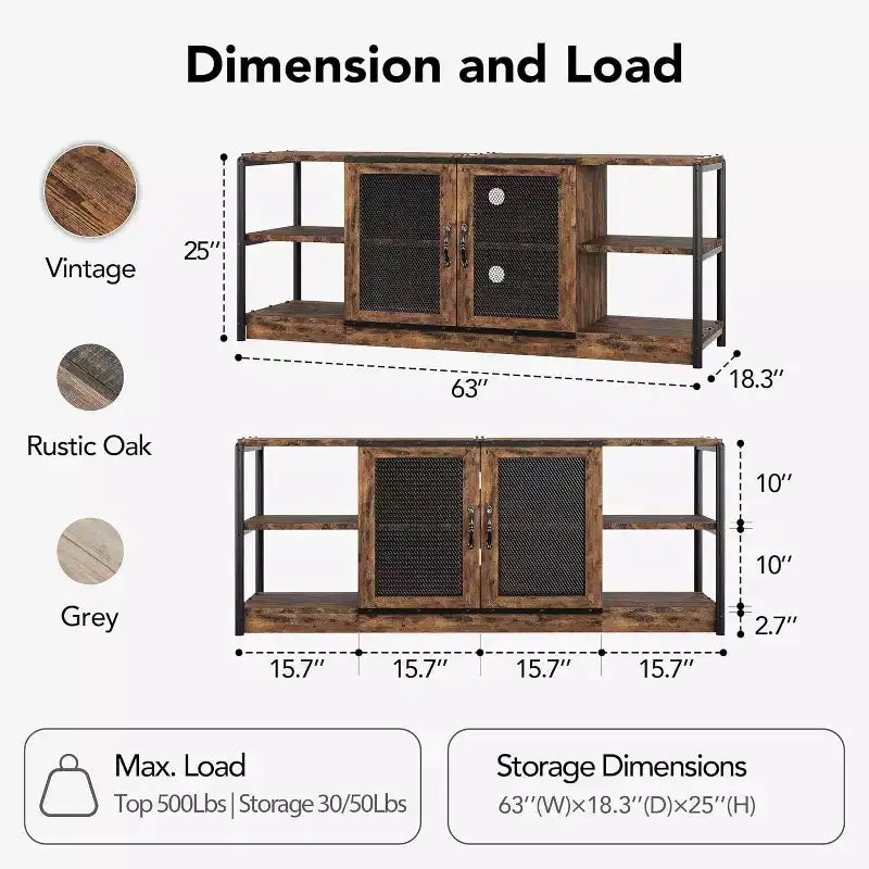 Meuble TV de ferme de 63 po - Console média rustique avec portes grillagées pour téléviseurs jusqu'à 75 po