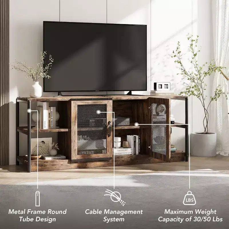Meuble TV de ferme de 63 po - Console média rustique avec portes grillagées pour téléviseurs jusqu'à 75 po