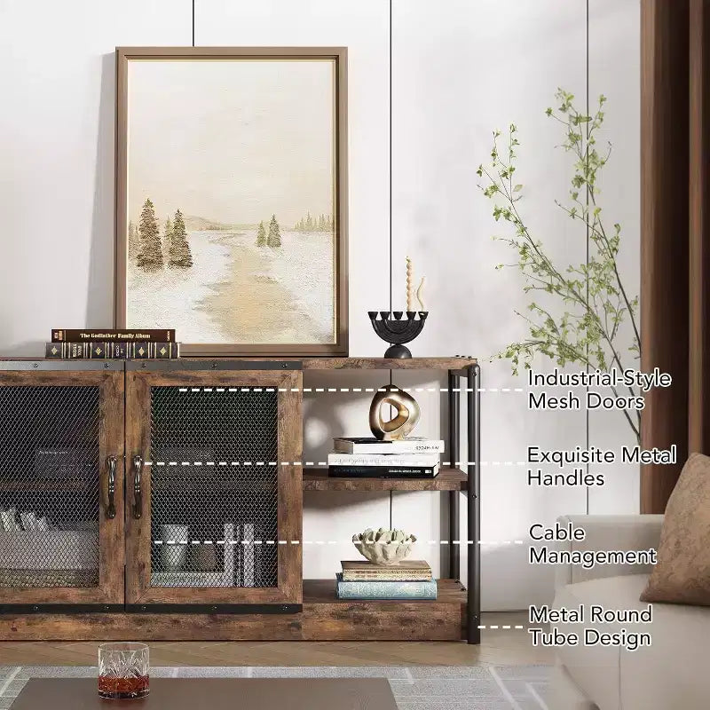 Meuble TV de ferme de 63 po - Console média rustique avec portes grillagées pour téléviseurs jusqu'à 75 po