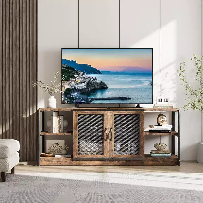 Meuble TV de ferme de 63 po - Console média rustique avec portes grillagées pour téléviseurs jusqu'à 75 po