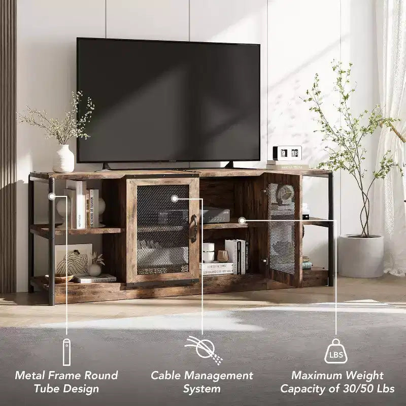 Meuble TV de ferme de 63 po - Console média rustique avec portes grillagées pour téléviseurs jusqu'à 75 po