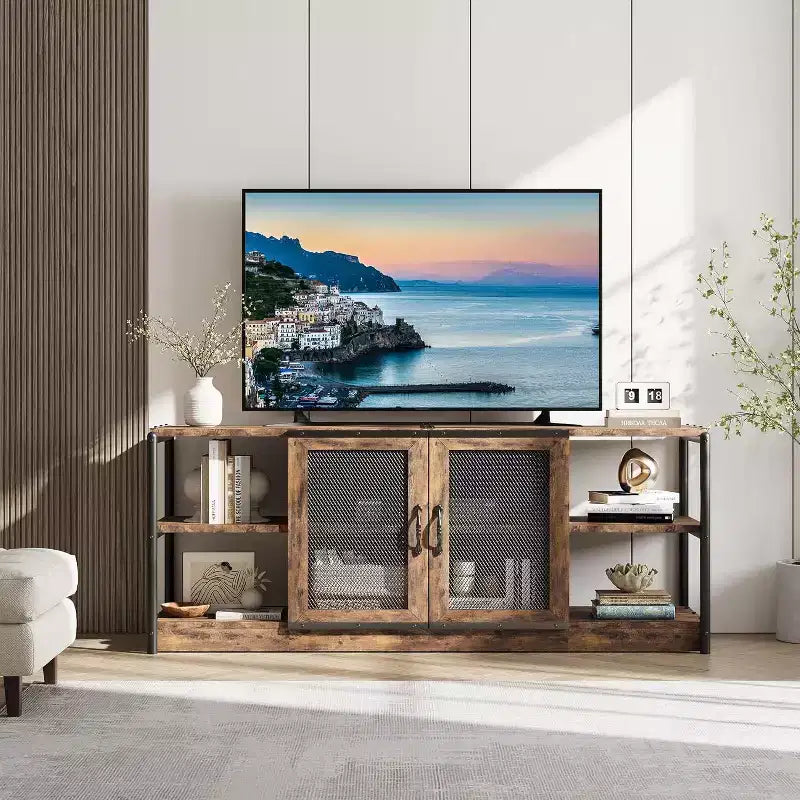 Meuble TV de ferme de 63 po - Console média rustique avec portes grillagées pour téléviseurs jusqu'à 75 po