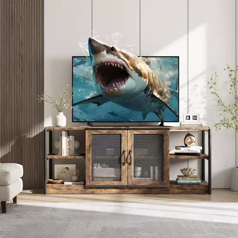Meuble TV de ferme de 63 po - Console média rustique avec portes grillagées pour téléviseurs jusqu'à 75 po
