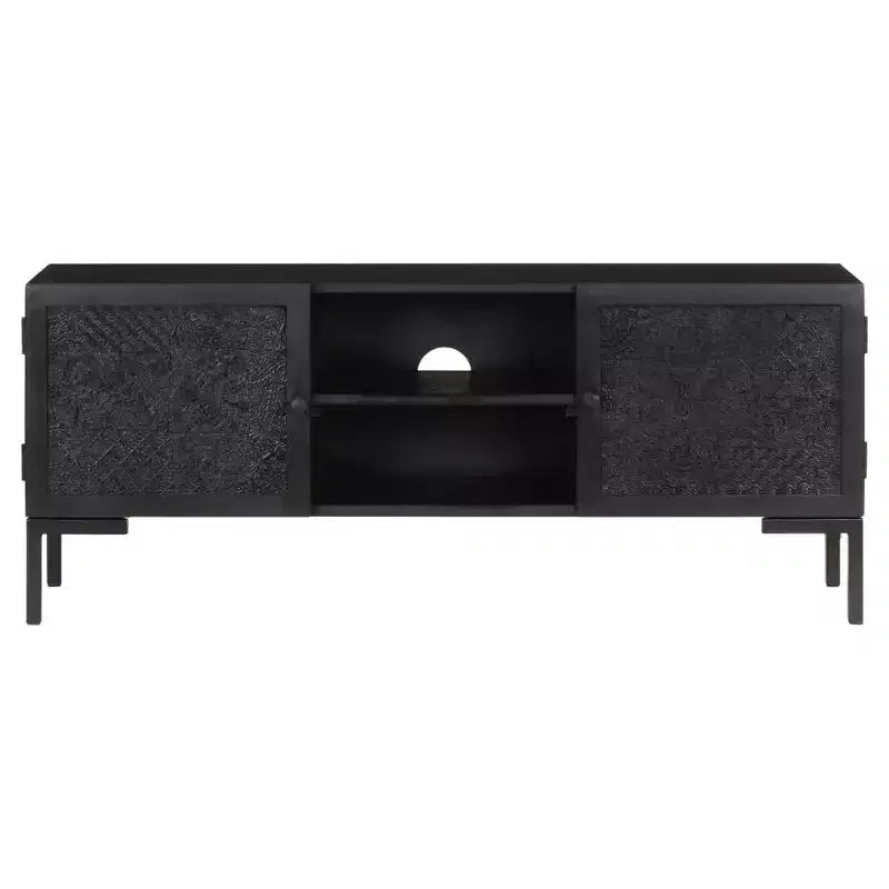 Meuble TV en bois massif avec deux étagères et portes coulissantes, style industriel noir