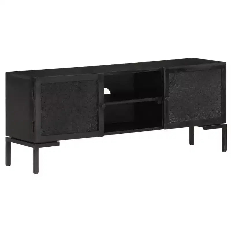 Meuble TV en bois massif avec deux étagères et portes coulissantes, style industriel noir
