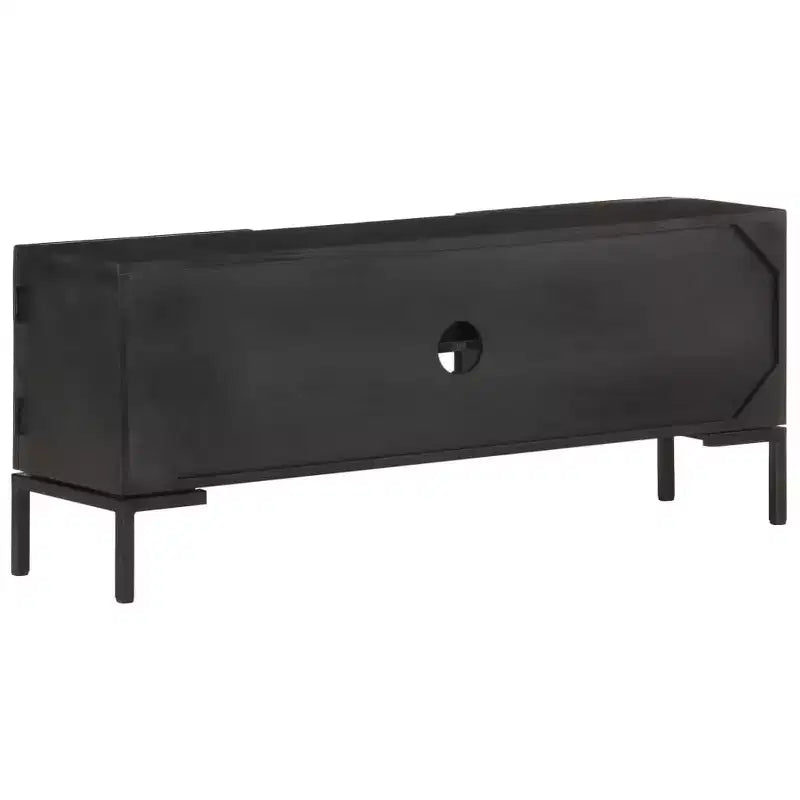 Meuble TV en bois massif avec deux étagères et portes coulissantes, style industriel noir