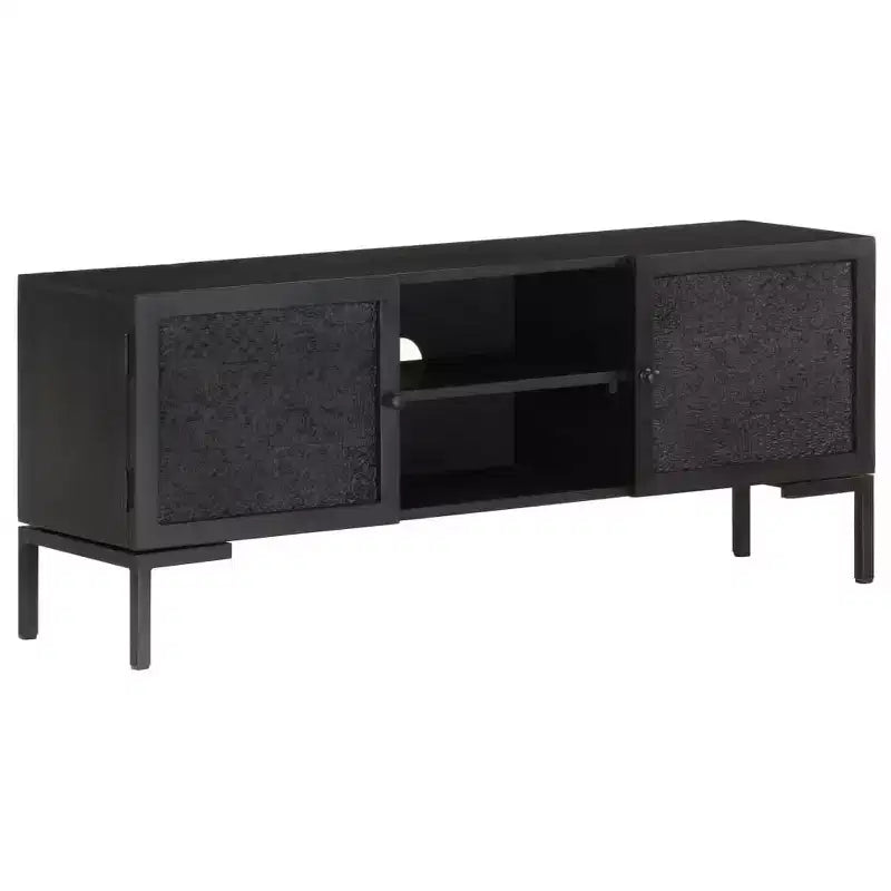 Meuble TV en bois massif avec deux étagères et portes coulissantes, style industriel noir