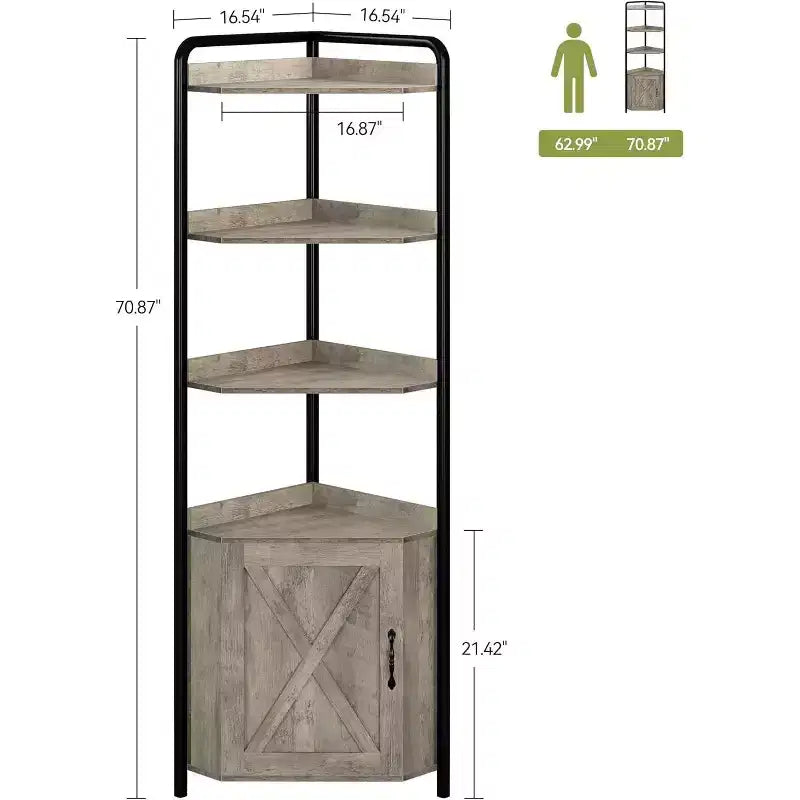 Meuble d'angle de 180 cm de haut, étagère triangulaire avec étagères réglables, rangement dissimulé et support pour plantes