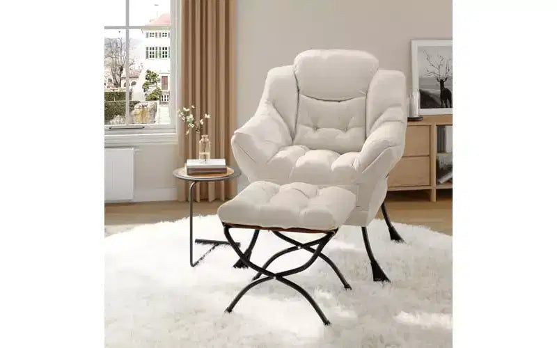 Chaise longue paresseuse avec ottoman, fauteuil de salon moderne avec repose-pieds, accoudoirs et poches latérales pour le salon