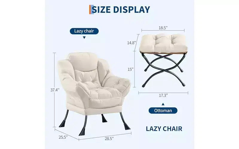 Chaise longue paresseuse avec ottoman, fauteuil de salon moderne avec repose-pieds, accoudoirs et poches latérales pour le salon