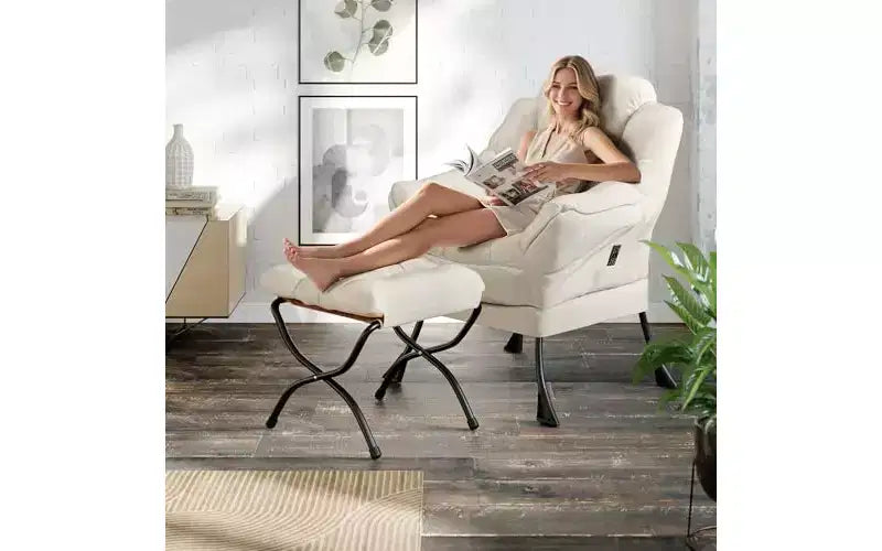 Chaise longue paresseuse avec ottoman, fauteuil de salon moderne avec repose-pieds, accoudoirs et poches latérales pour le salon