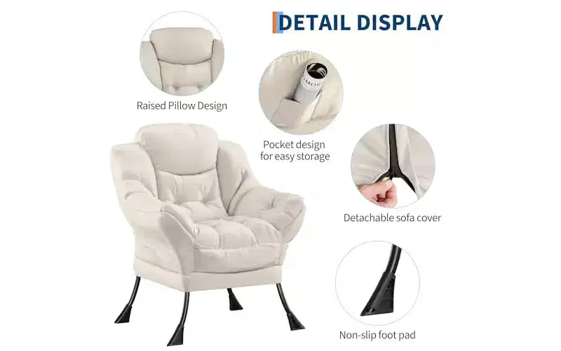 Chaise longue paresseuse avec ottoman, fauteuil de salon moderne avec repose-pieds, accoudoirs et poches latérales pour le salon