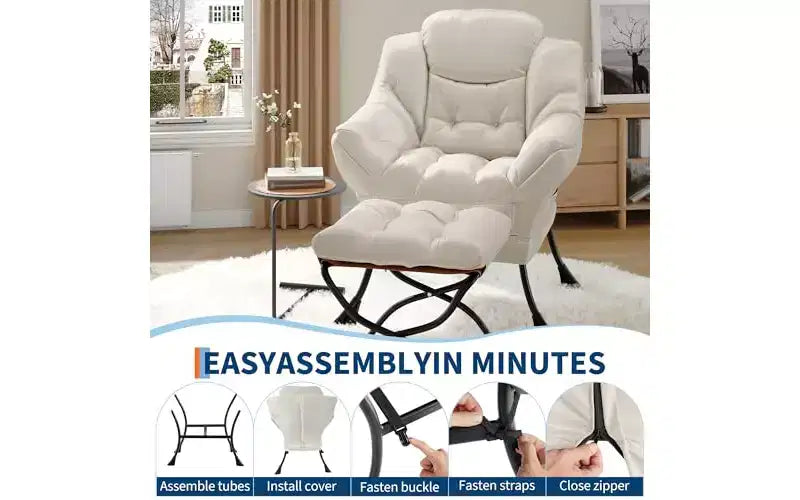 Chaise longue paresseuse avec ottoman, fauteuil de salon moderne avec repose-pieds, accoudoirs et poches latérales pour le salon
