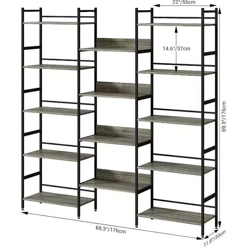 Étagère à 5 niveaux, Bibliothèque large industrielle avec étagères ouvertes, Bibliothèque haute rustique pour chambre à coucher ou bureau