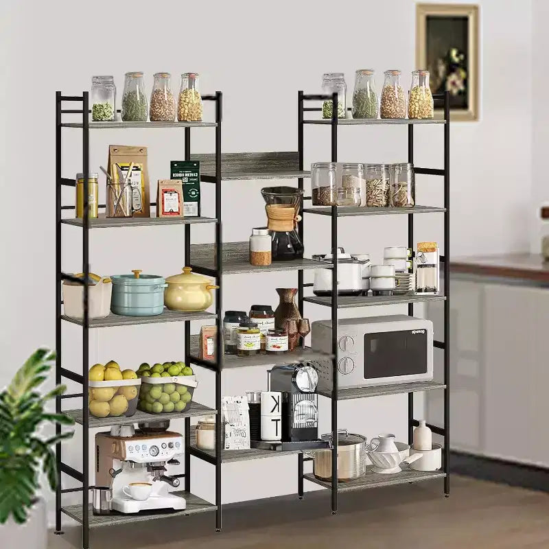 Étagère à 5 niveaux, Bibliothèque large industrielle avec étagères ouvertes, Bibliothèque haute rustique pour chambre à coucher ou bureau