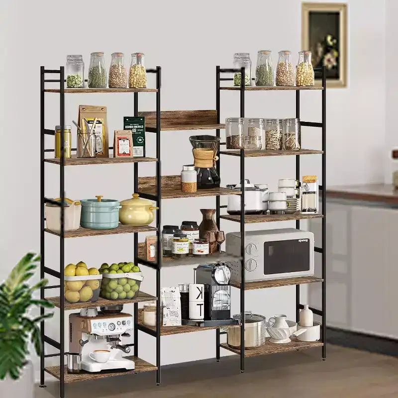 Étagère à 5 niveaux, Bibliothèque large industrielle avec étagères ouvertes, Bibliothèque haute rustique pour chambre à coucher ou bureau