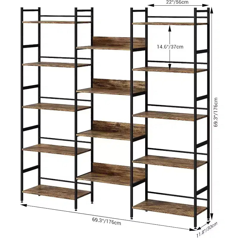 Étagère à 5 niveaux, Bibliothèque large industrielle avec étagères ouvertes, Bibliothèque haute rustique pour chambre à coucher ou bureau